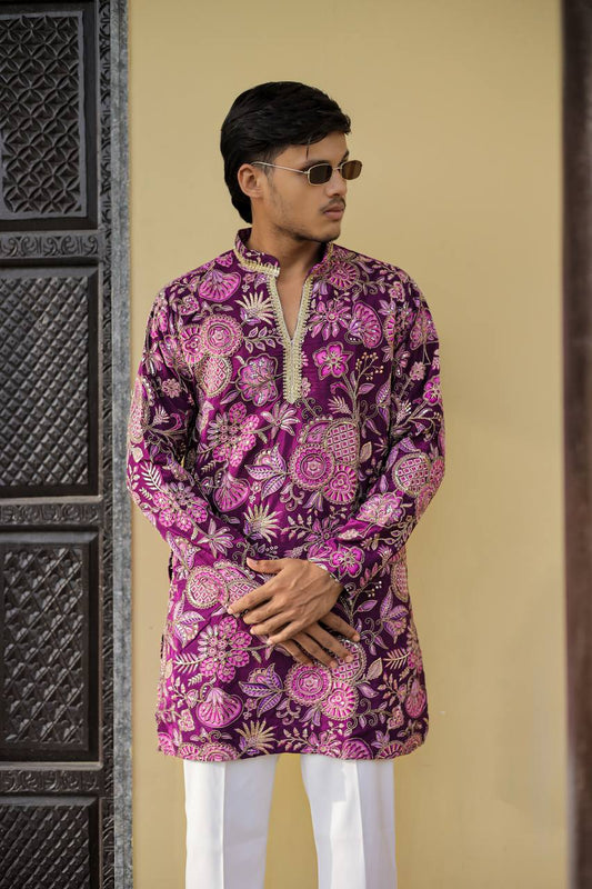 Deep Purple Floral Position Printed Premium Kurta