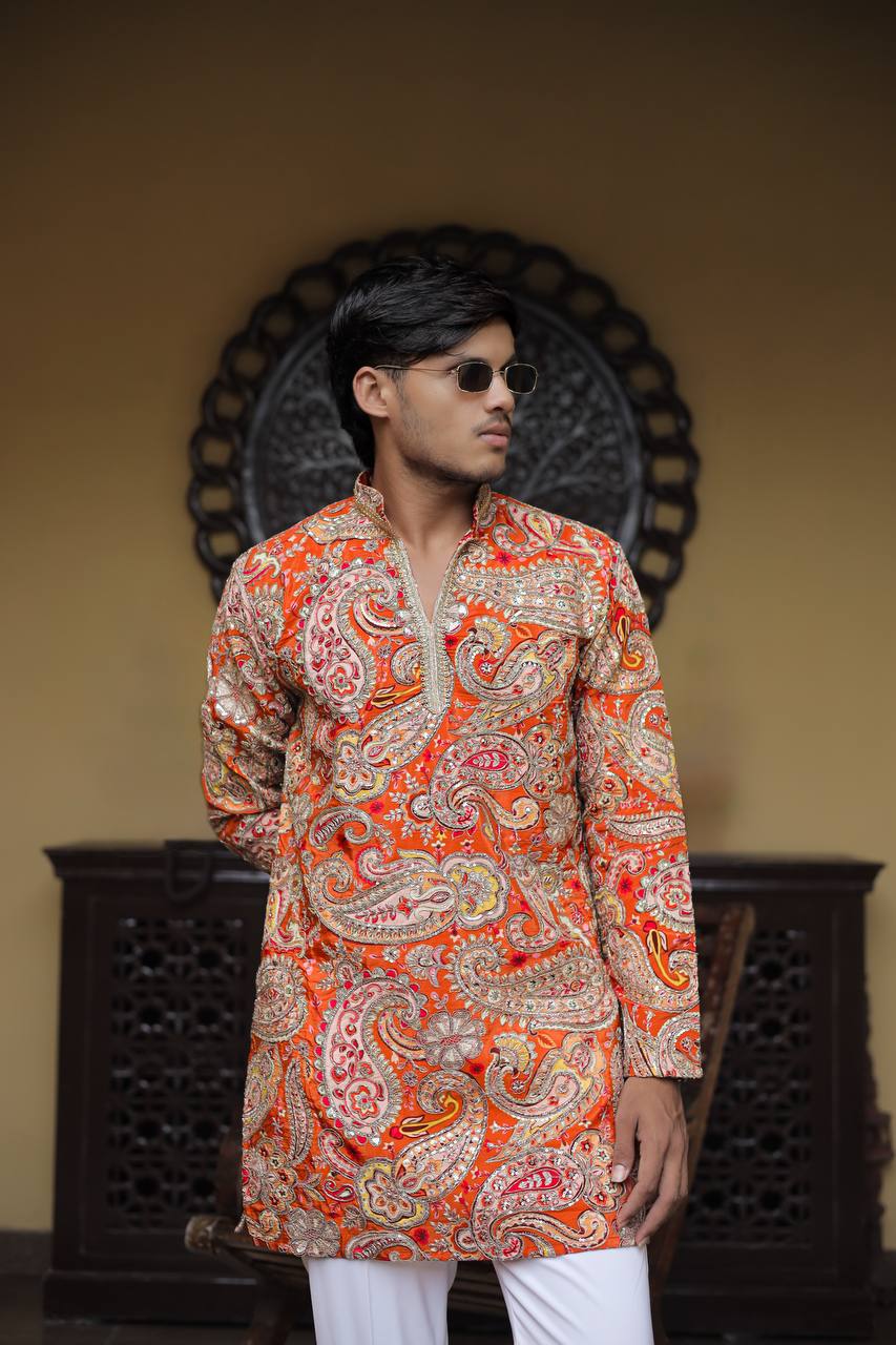 Orange Keri Position Printed Premium Kurta