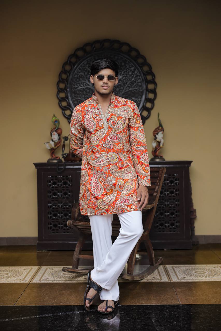Orange Keri Position Printed Premium Kurta