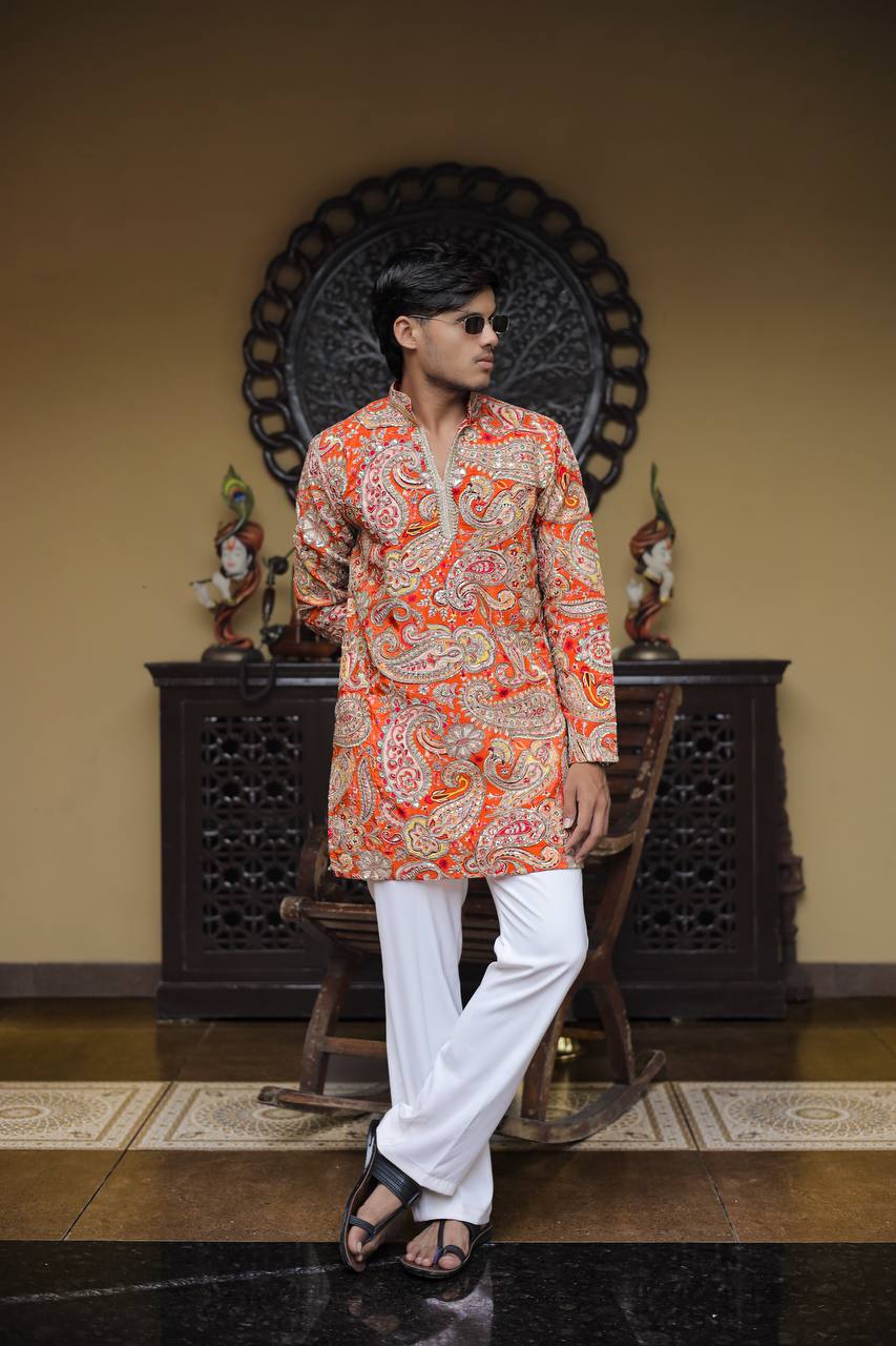 Orange Keri Position Printed Premium Kurta