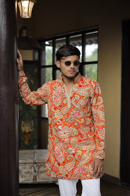 Orange Keri Position Printed Premium Kurta