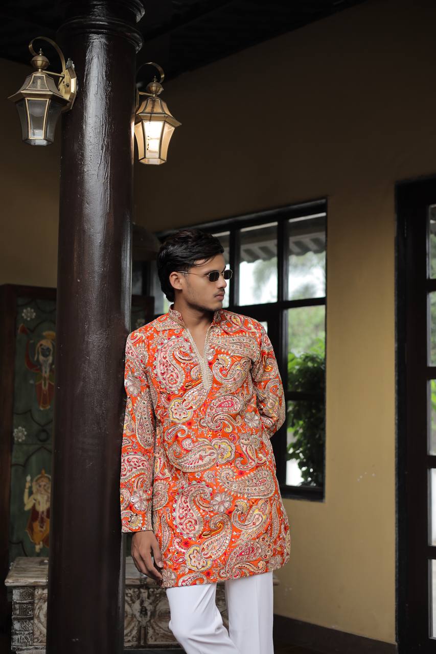 Orange Keri Position Printed Premium Kurta