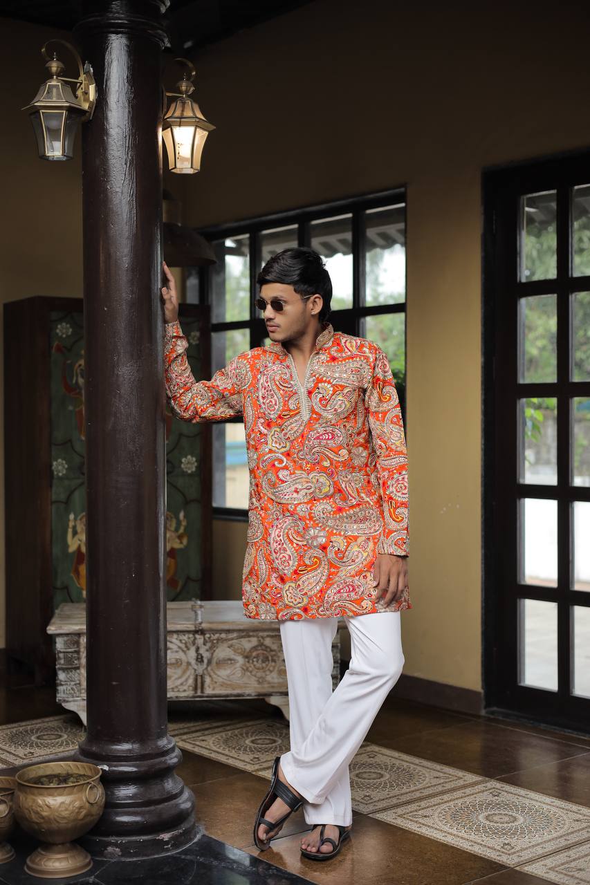 Orange Keri Position Printed Premium Kurta