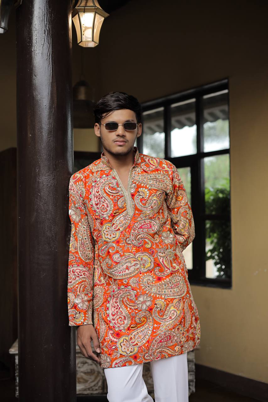 Orange Keri Position Printed Premium Kurta