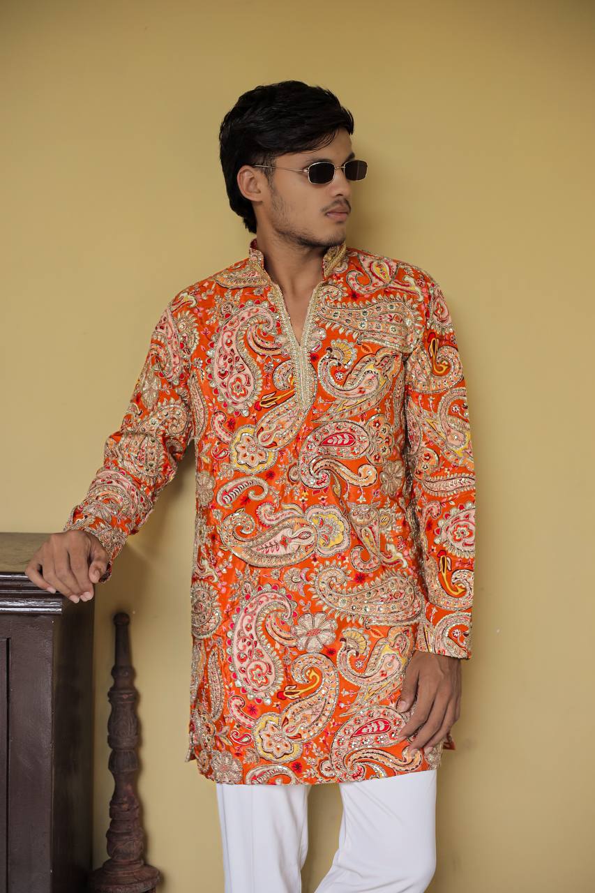 Orange Keri Position Printed Premium Kurta
