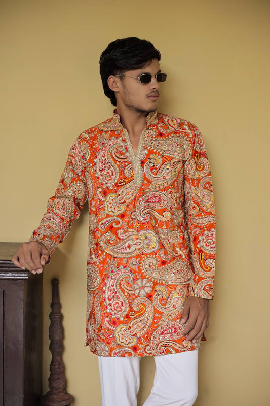 Orange Keri Position Printed Premium Kurta