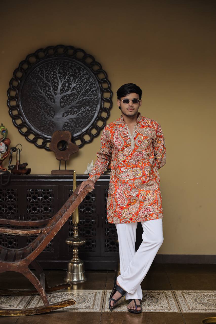 Orange Keri Position Printed Premium Kurta