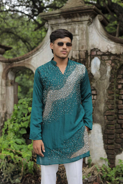 Teal Green Hand Embroidered Beads Work Kurta for Men