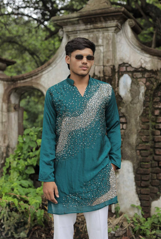Teal Green Hand Embroidered Beads Work Kurta for Men
