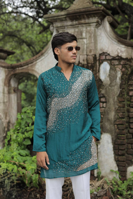Teal Green Hand Embroidered Beads Work Kurta for Men