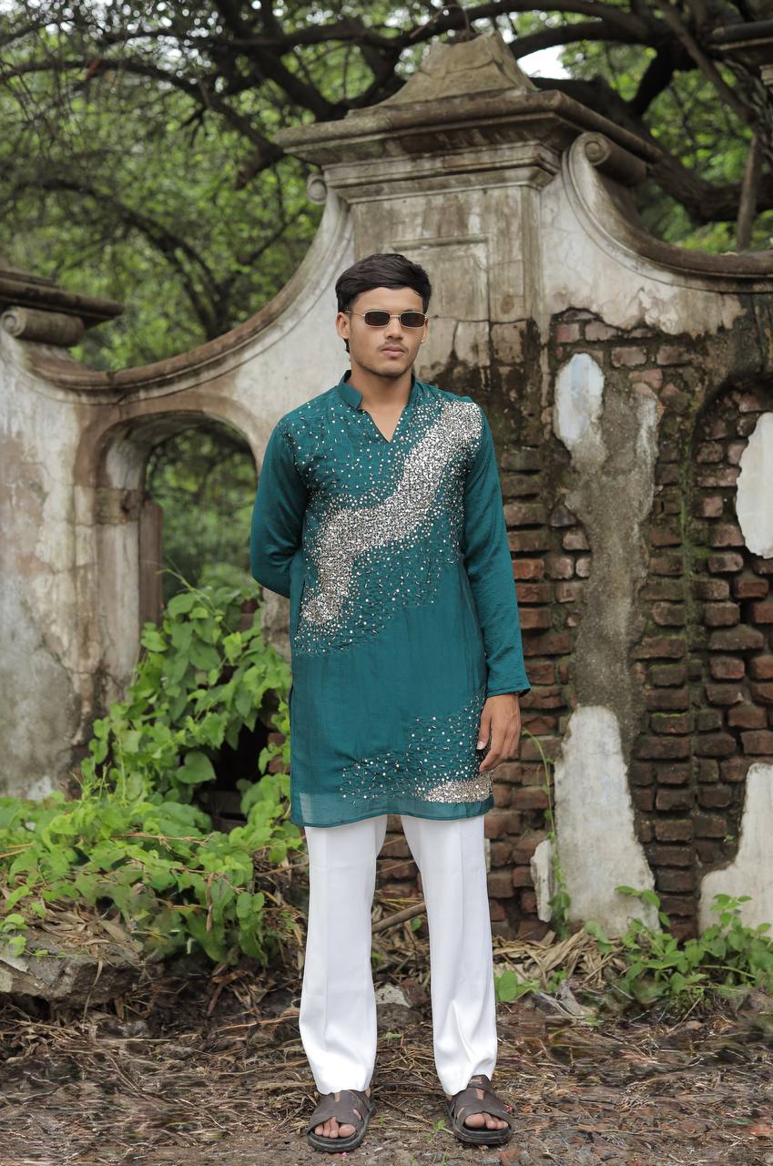 Teal Green Hand Embroidered Beads Work Kurta for Men