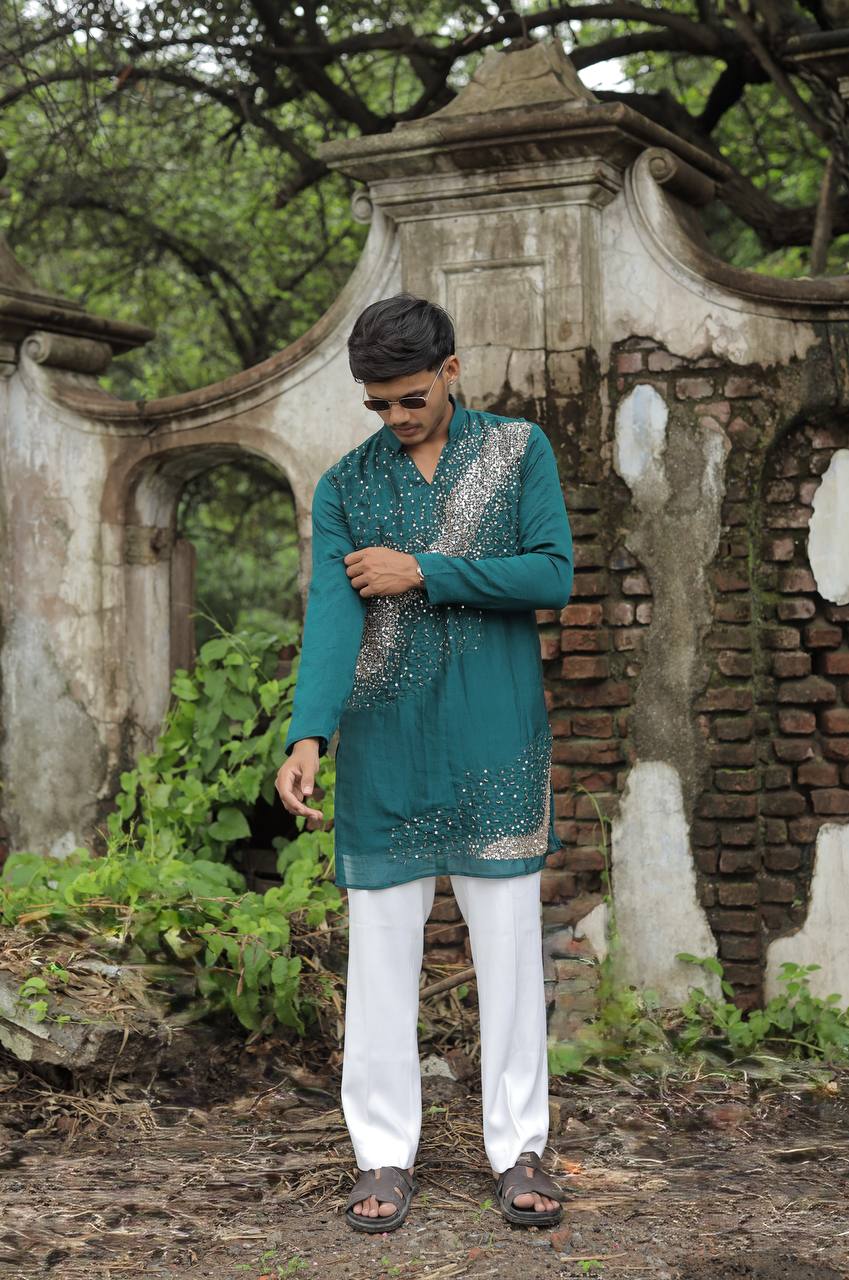 Teal Green Hand Embroidered Beads Work Kurta for Men