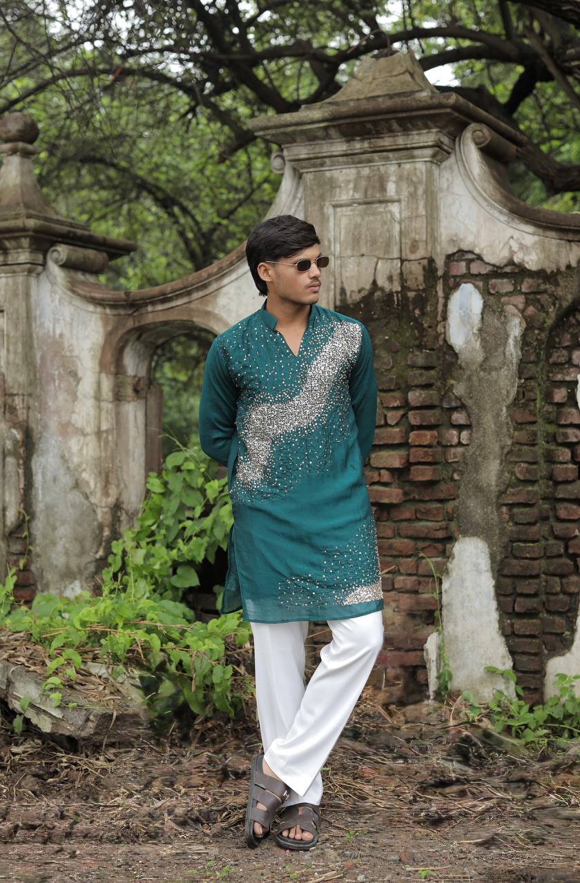 Teal Green Hand Embroidered Beads Work Kurta for Men