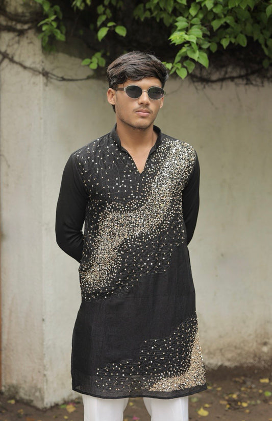 Black Hand Embroidered Beads Work Kurta for Men