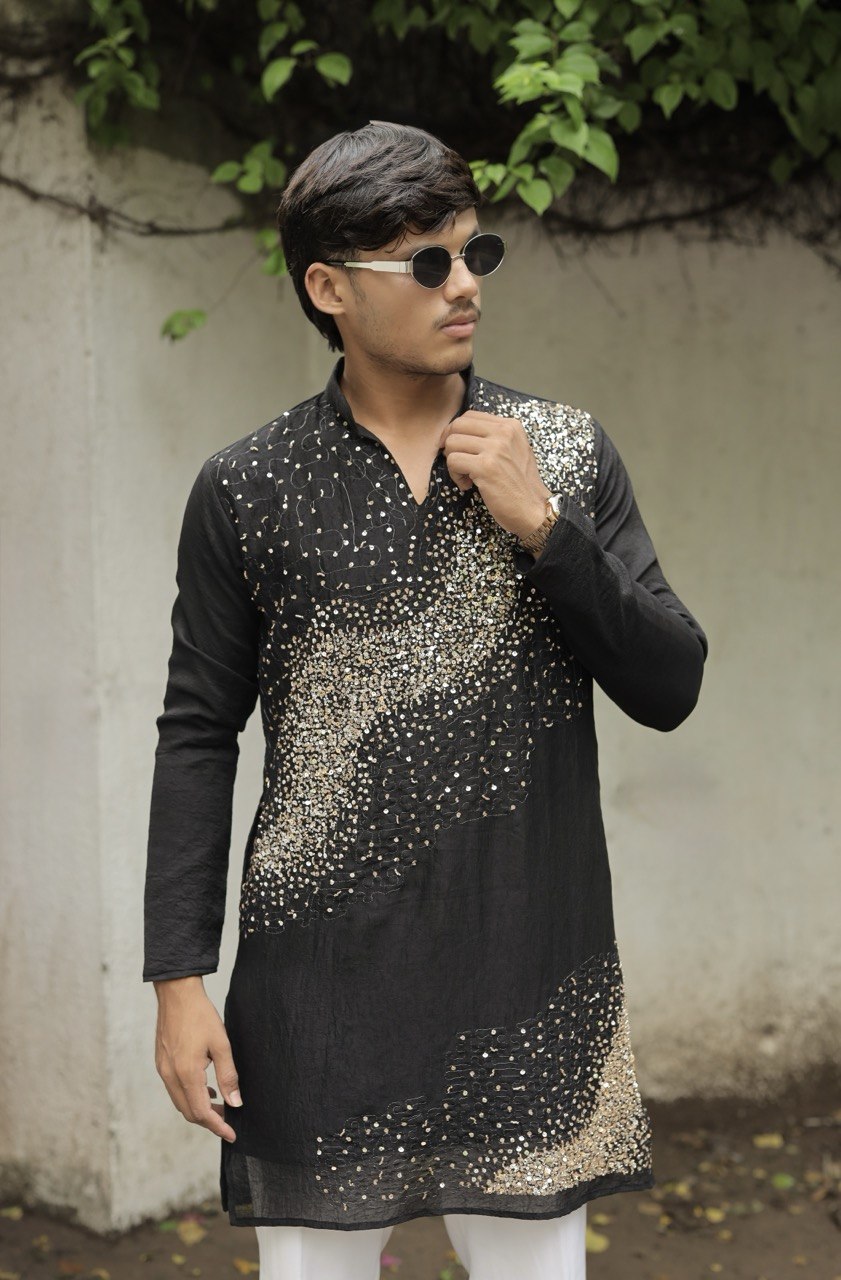 Black Hand Embroidered Beads Work Kurta for Men