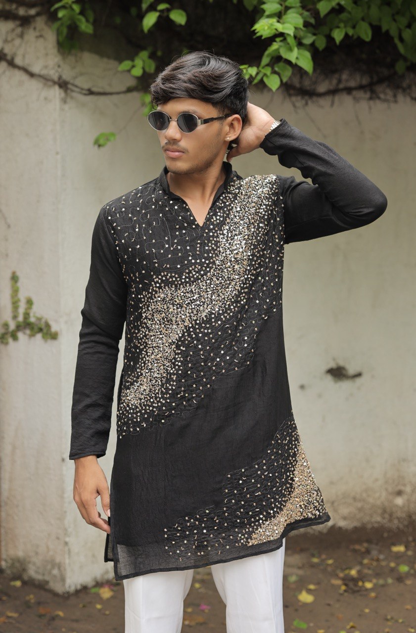 Black Hand Embroidered Beads Work Kurta for Men