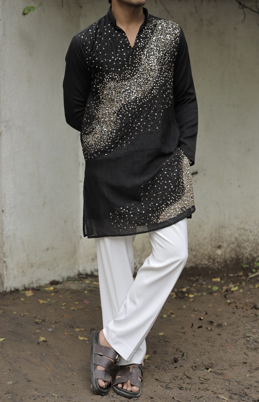 Black Hand Embroidered Beads Work Kurta for Men