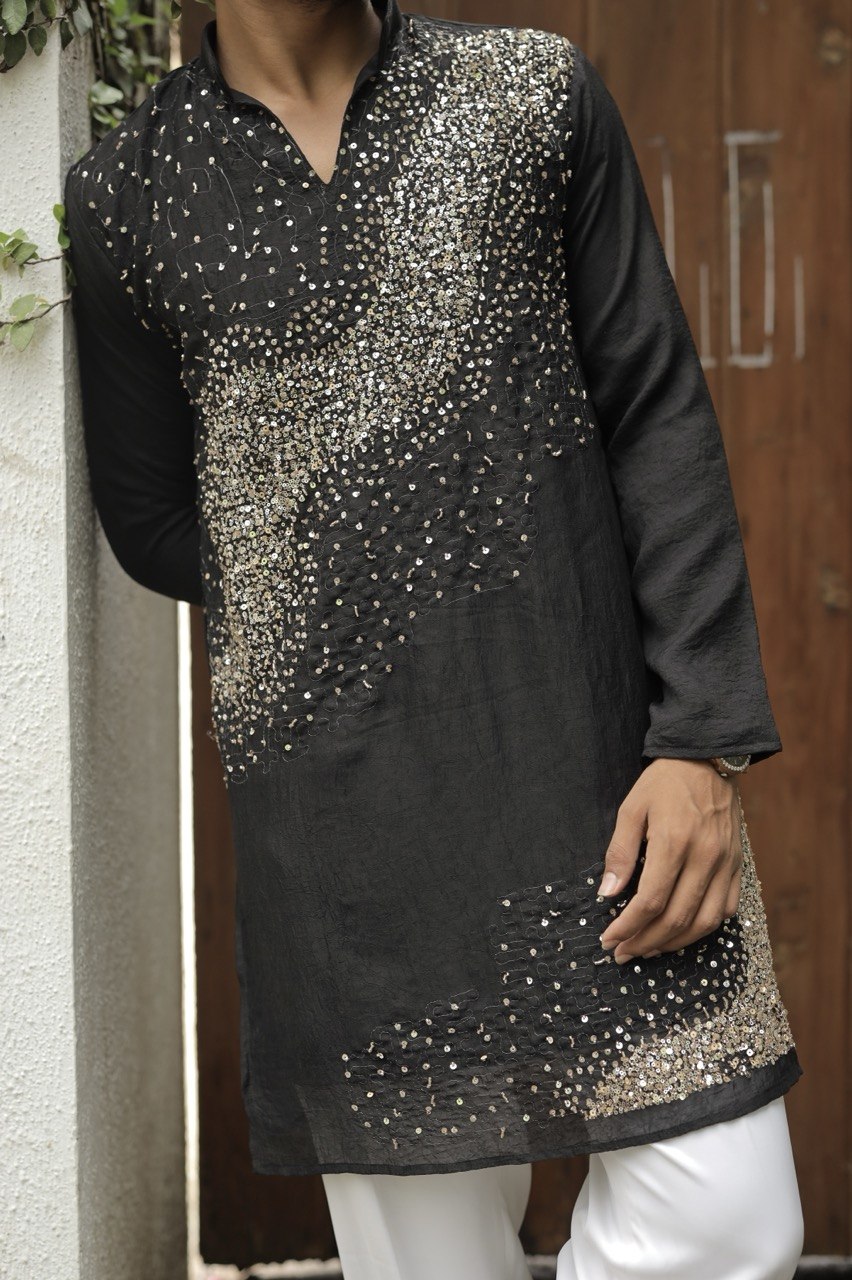 Black Hand Embroidered Beads Work Kurta for Men