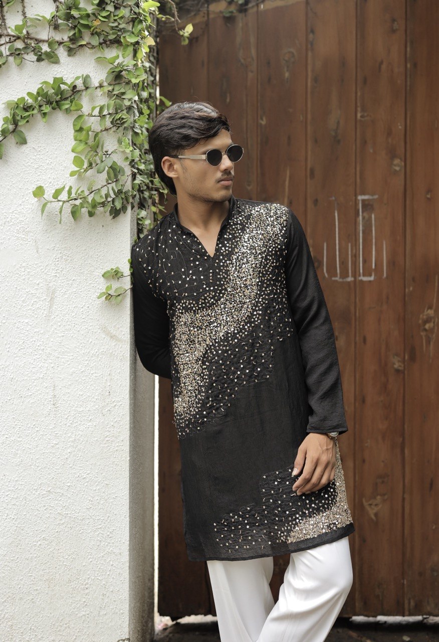 Black Hand Embroidered Beads Work Kurta for Men