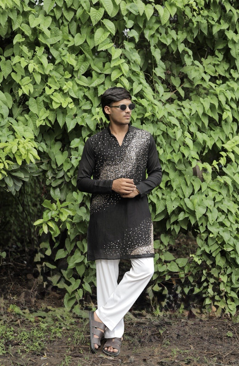Black Hand Embroidered Beads Work Kurta for Men