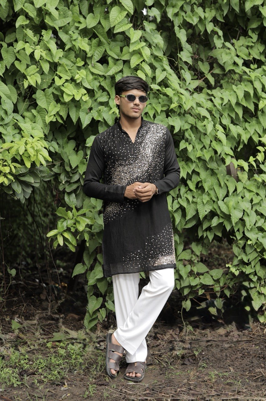 Black Hand Embroidered Beads Work Kurta for Men