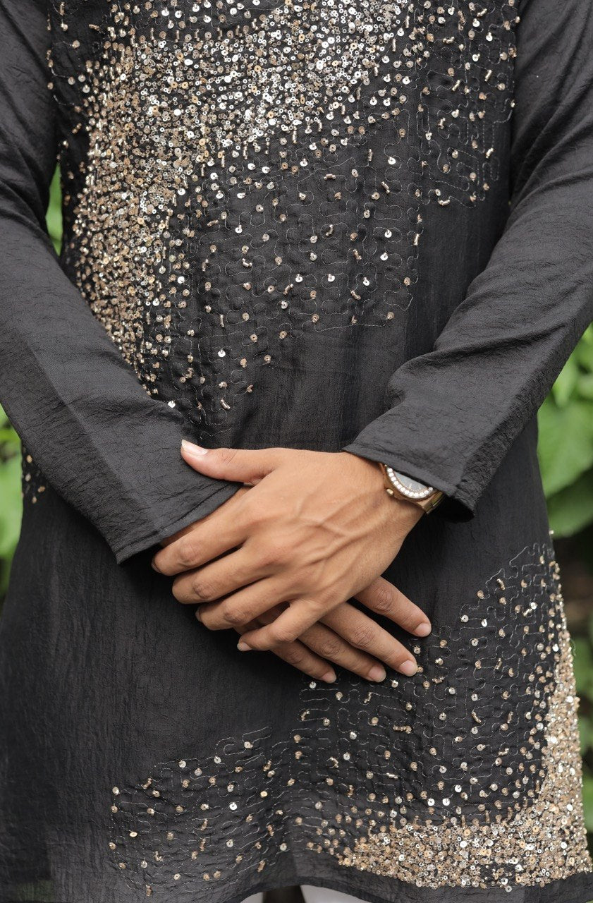 Black Hand Embroidered Beads Work Kurta for Men