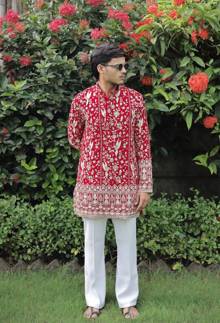 Red  Georgette Birds Heavy Embroidered kurta