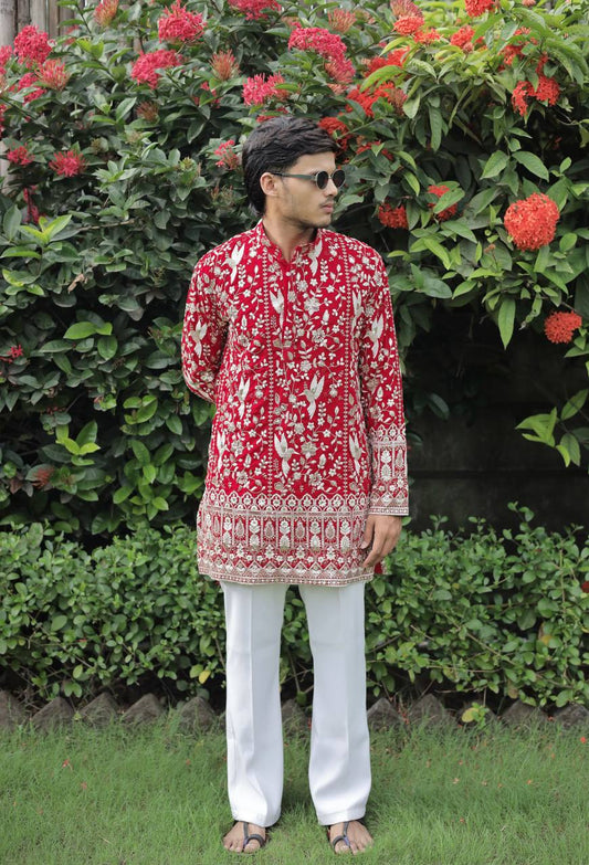 Red  Georgette Birds Heavy Embroidered kurta