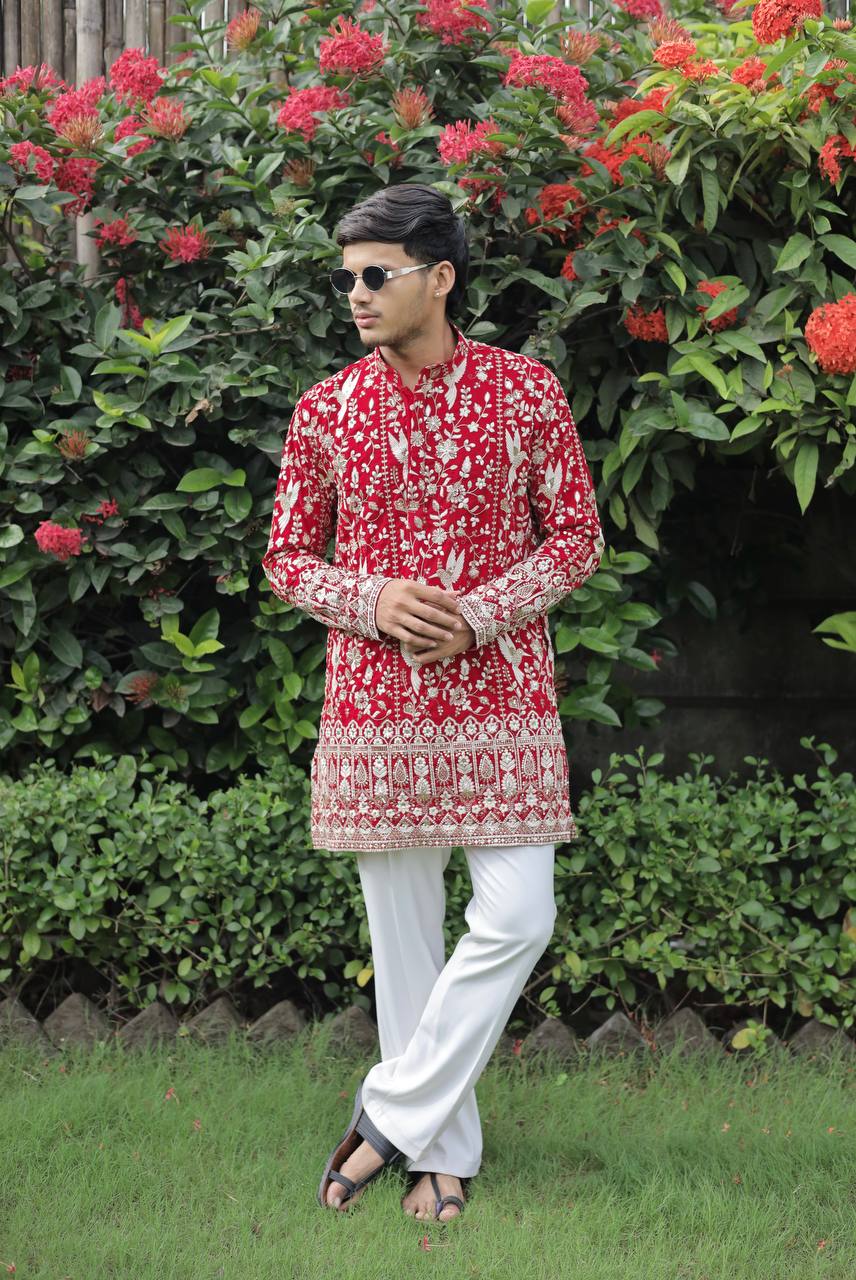 Red  Georgette Birds Heavy Embroidered kurta