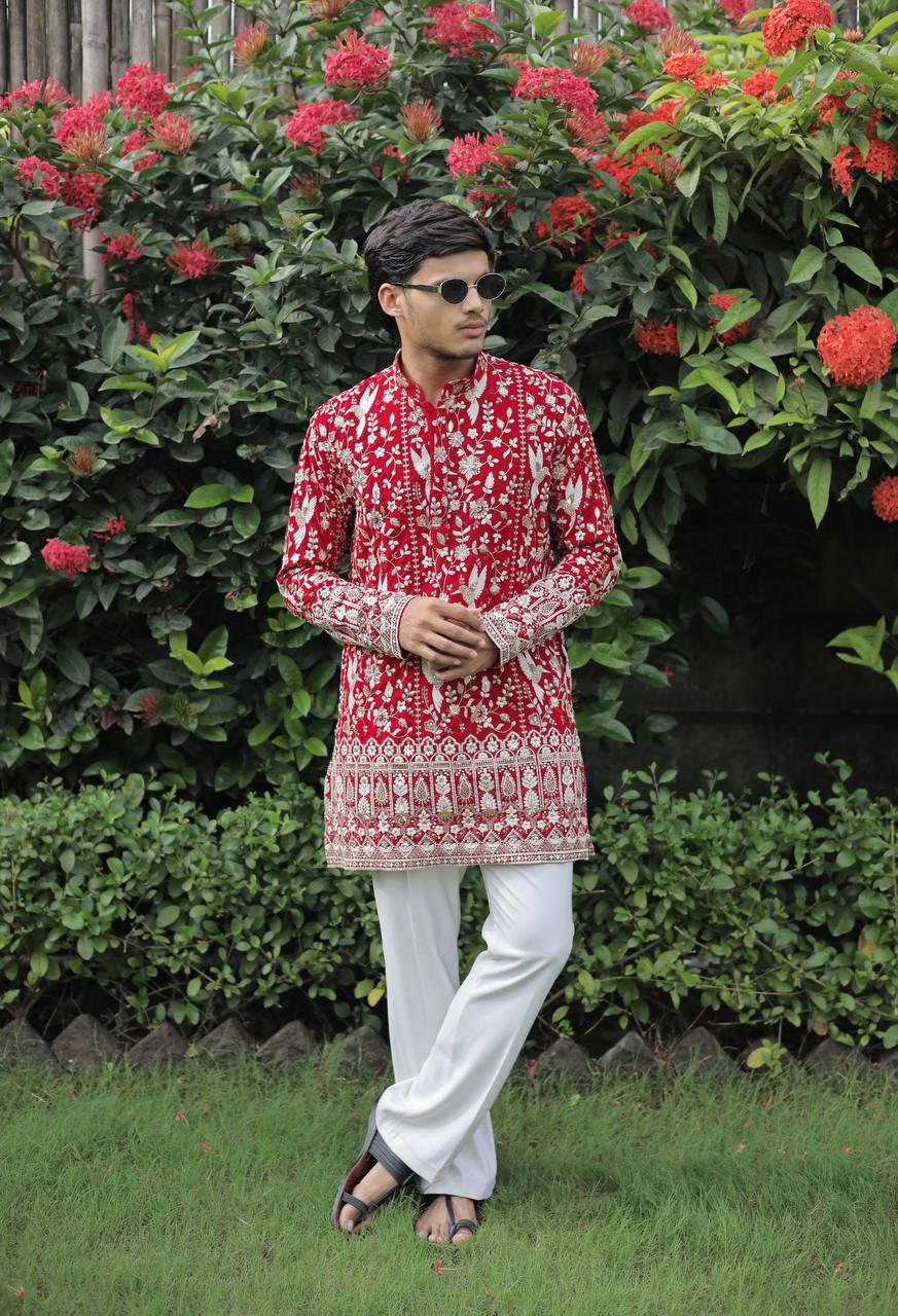 Red  Georgette Birds Heavy Embroidered kurta