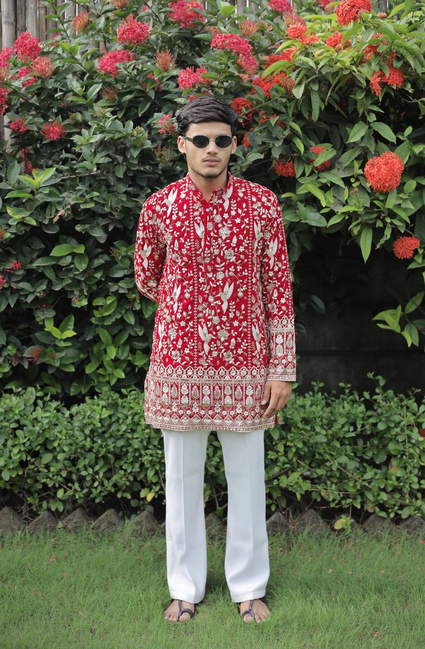 Red  Georgette Birds Heavy Embroidered kurta