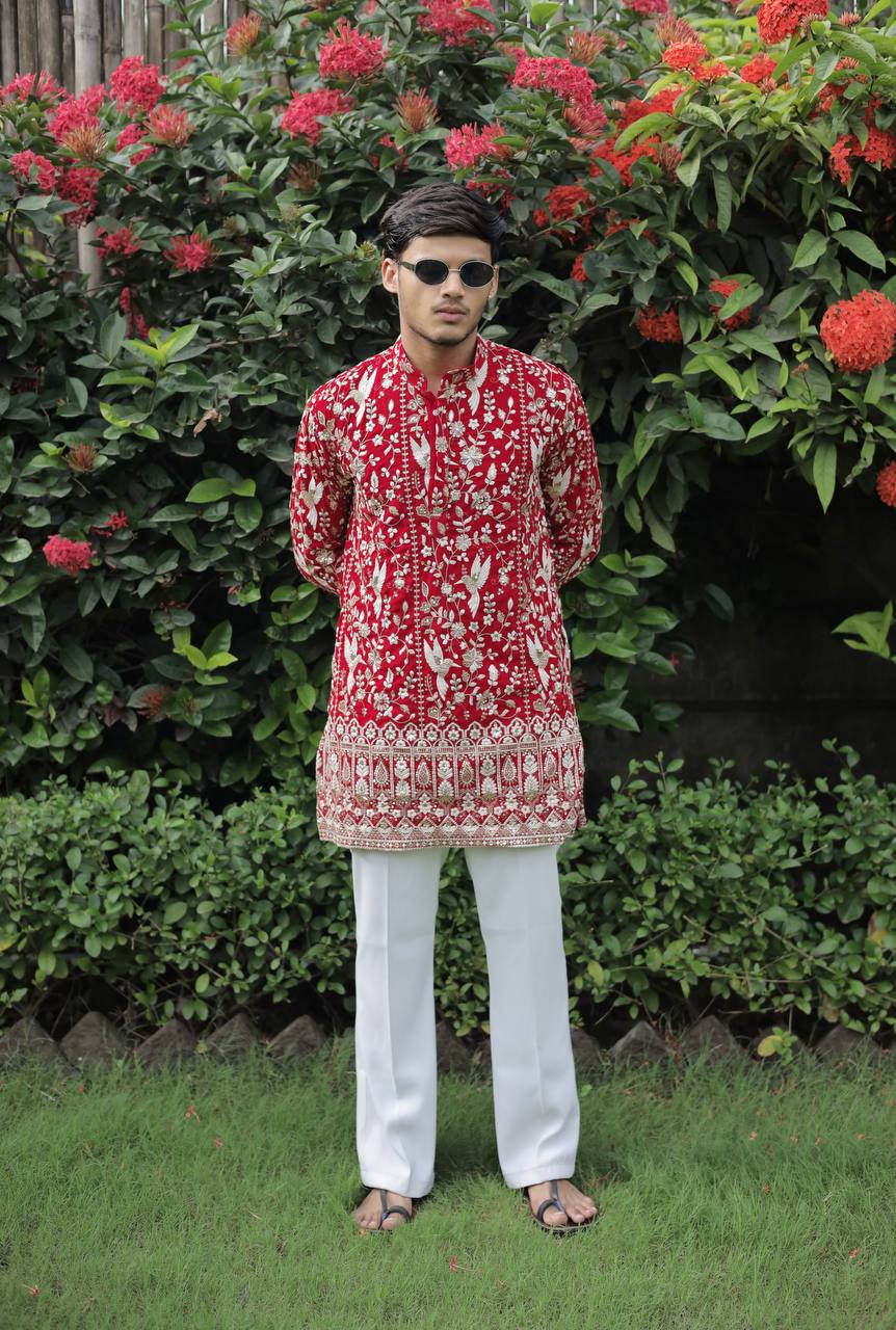Red  Georgette Birds Heavy Embroidered kurta