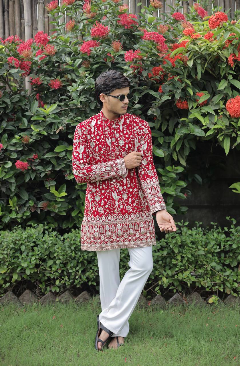Red  Georgette Birds Heavy Embroidered kurta