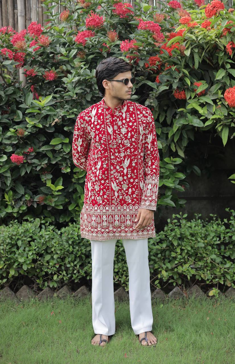 Red  Georgette Birds Heavy Embroidered kurta