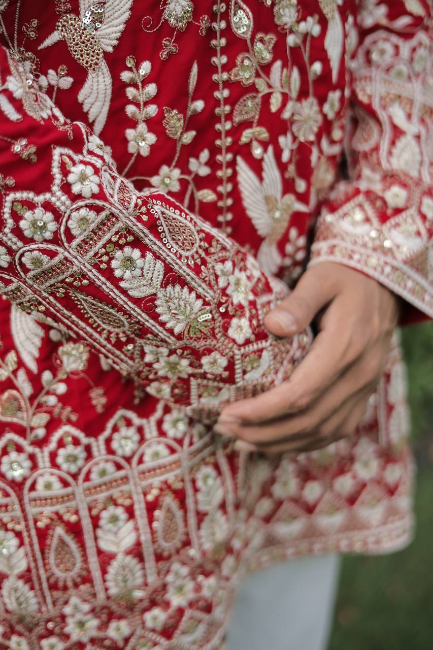 Red  Georgette Birds Heavy Embroidered kurta