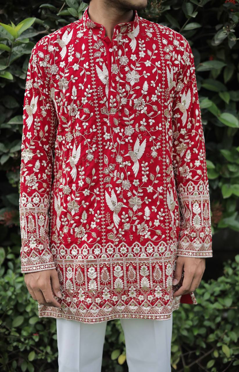 Red  Georgette Birds Heavy Embroidered kurta
