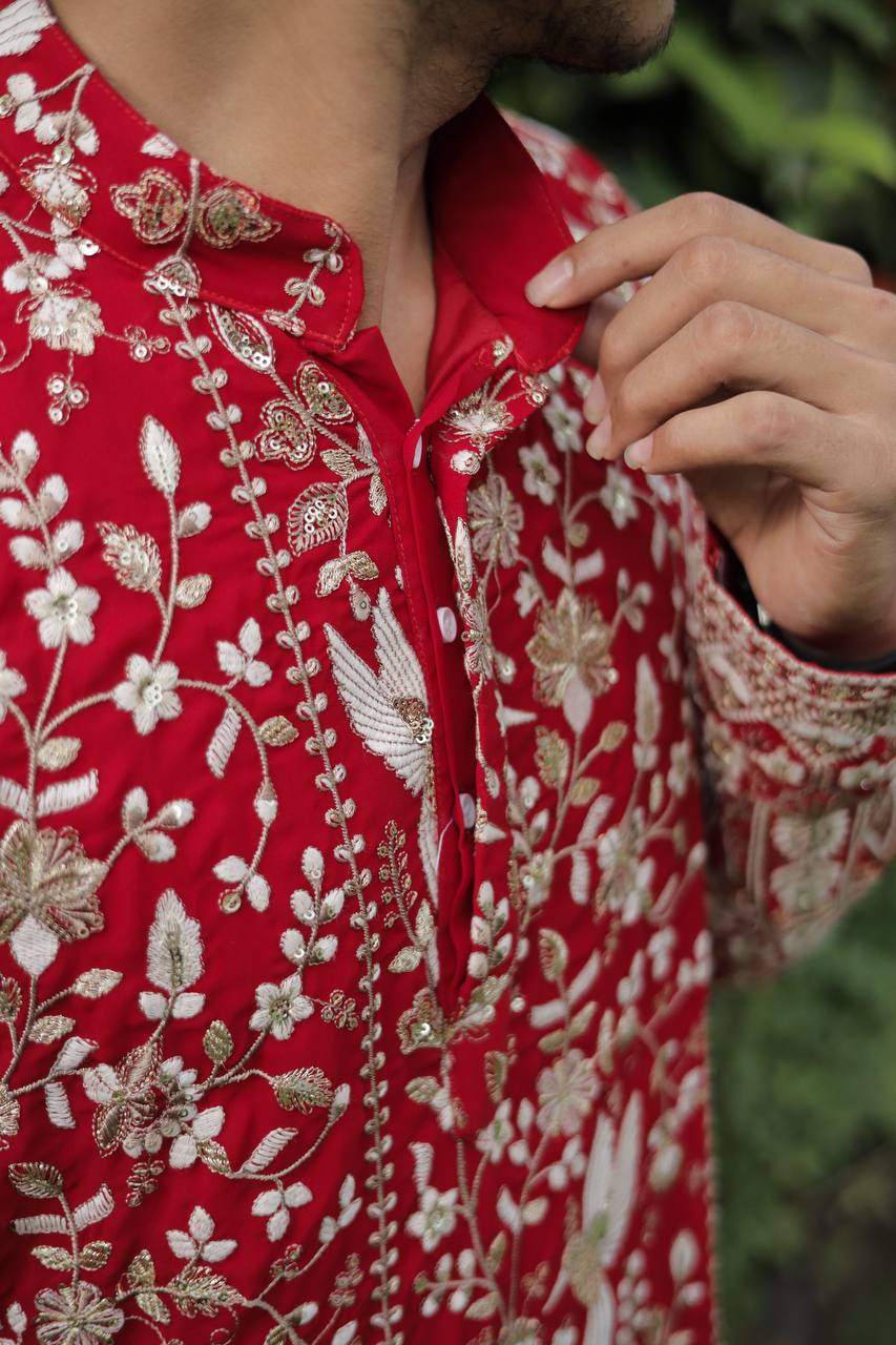 Red  Georgette Birds Heavy Embroidered kurta
