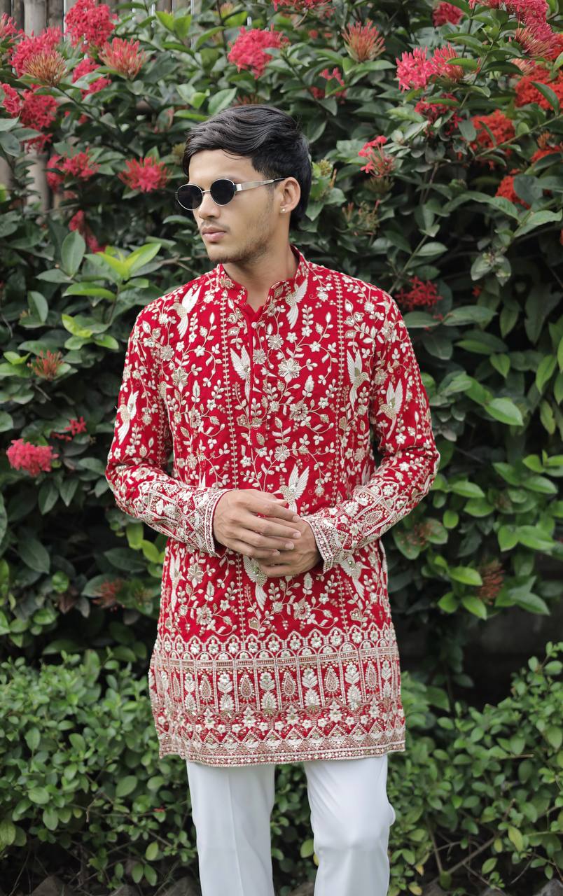 Red  Georgette Birds Heavy Embroidered kurta