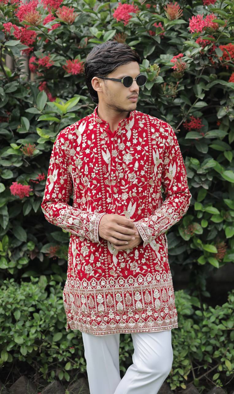 Red  Georgette Birds Heavy Embroidered kurta