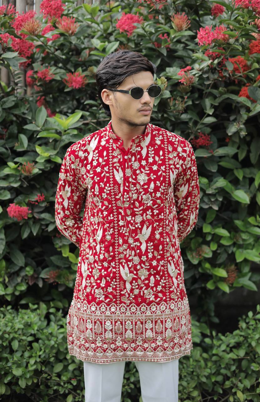 Red  Georgette Birds Heavy Embroidered kurta