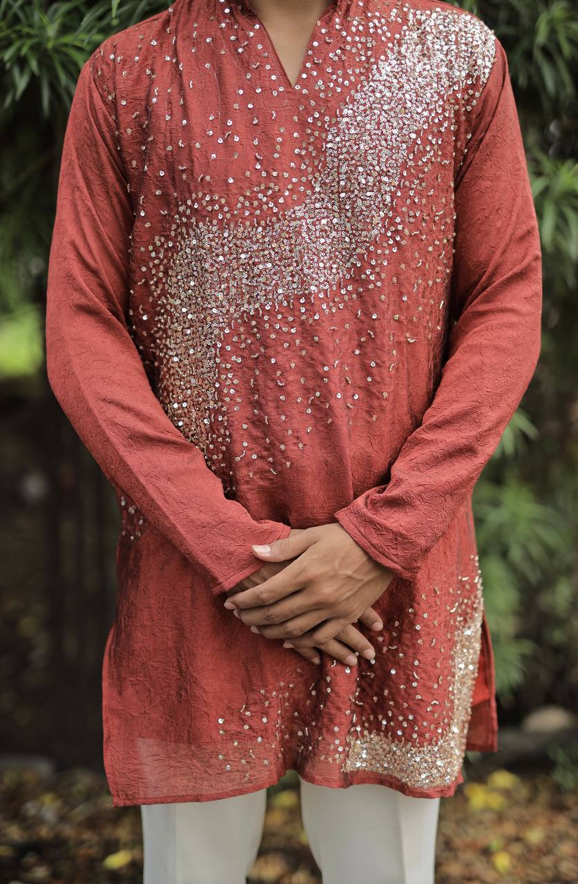 Rust Hand Embroidered Beads Work Kurta for Men