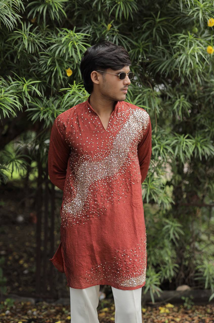 Rust Hand Embroidered Beads Work Kurta for Men