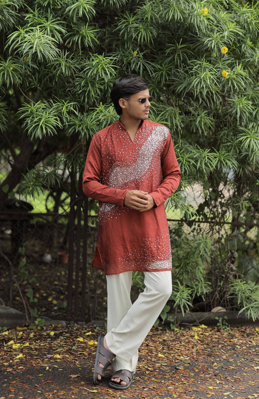 Rust Hand Embroidered Beads Work Kurta for Men