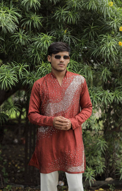 Rust Hand Embroidered Beads Work Kurta for Men
