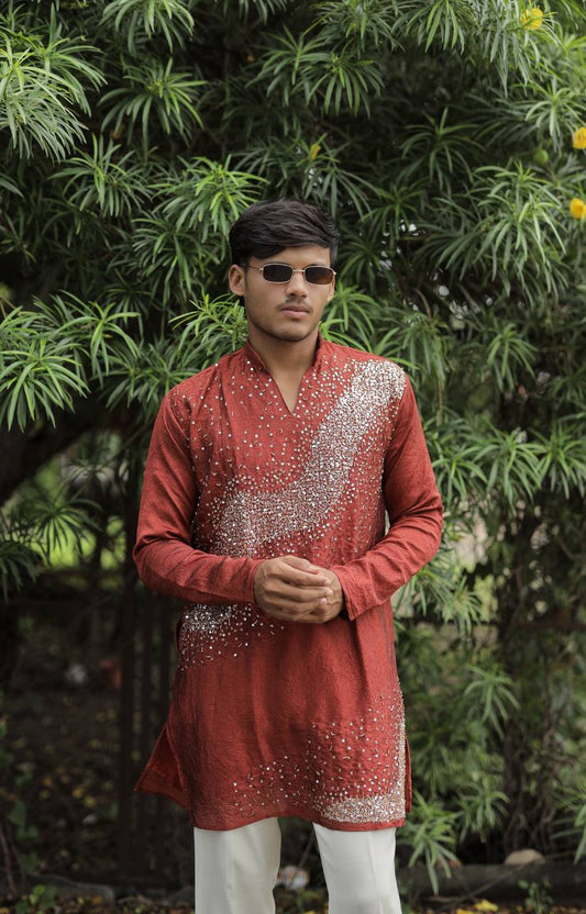 Rust Hand Embroidered Beads Work Kurta for Men
