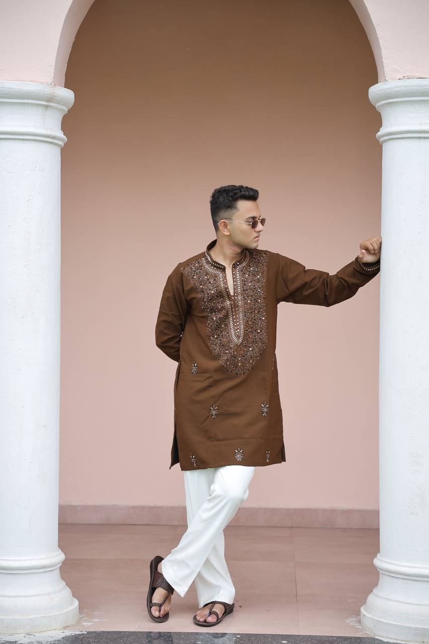 Brown Imperial Bites & Mirror-Work Kurta