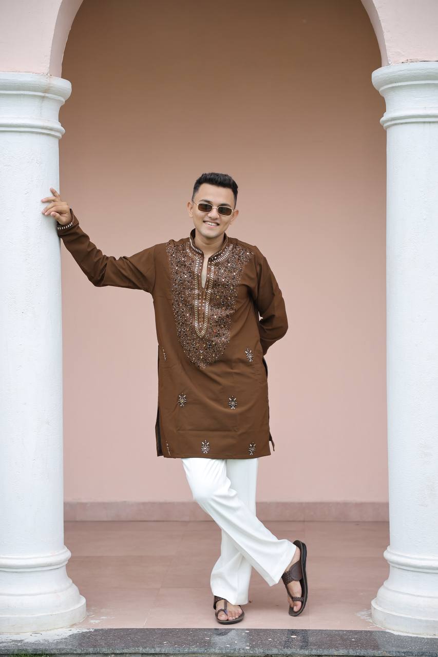 Brown Imperial Bites & Mirror-Work Kurta