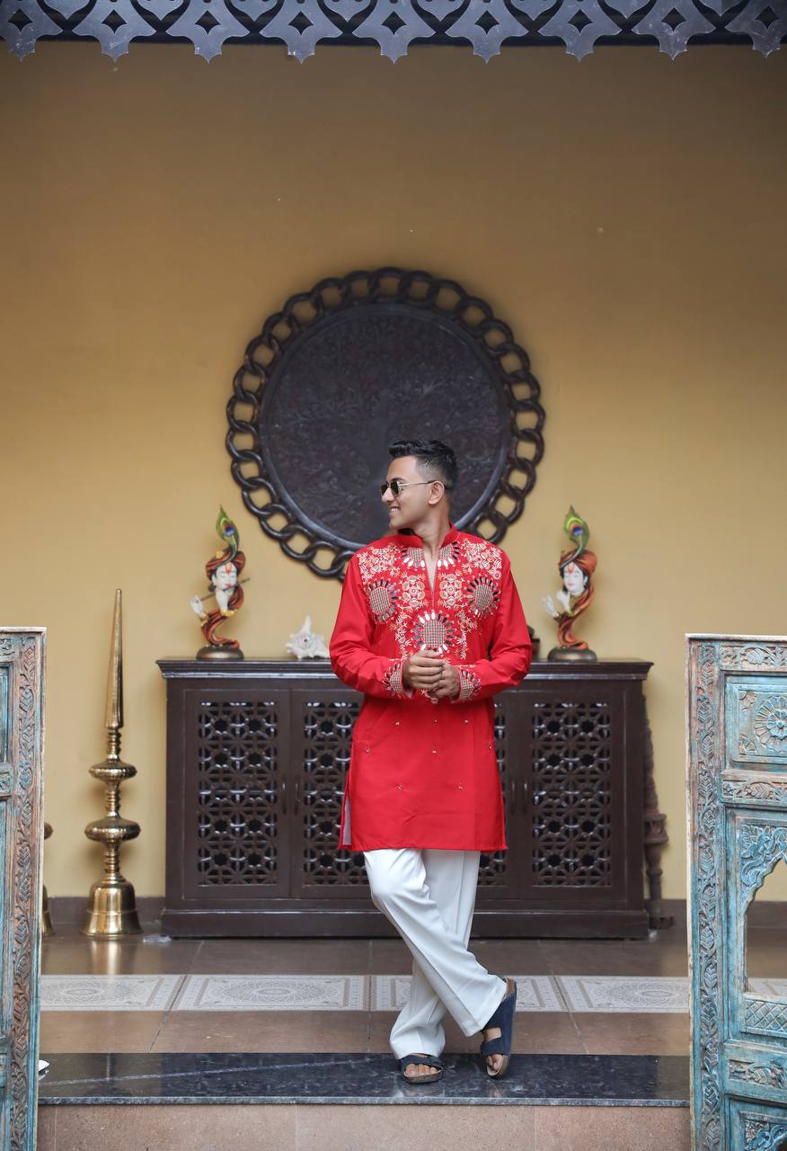 Red Kurta with Front & Back Mirror Embroidery Work