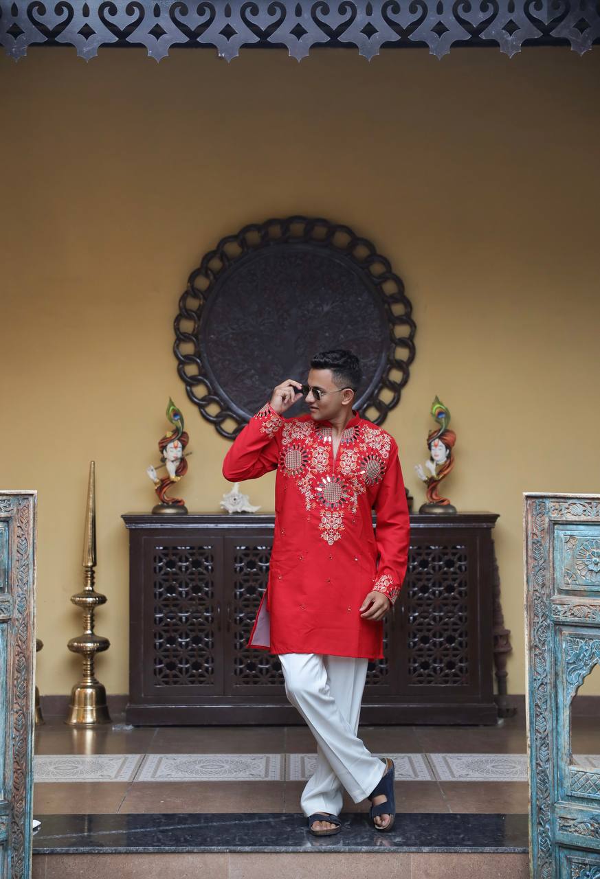 Red Kurta with Front & Back Mirror Embroidery Work