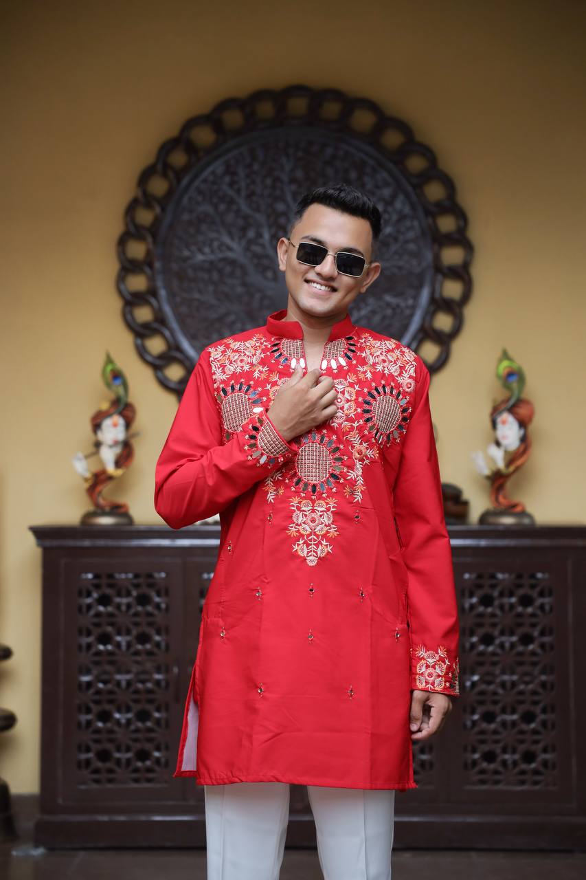 Red Kurta with Front & Back Mirror Embroidery Work